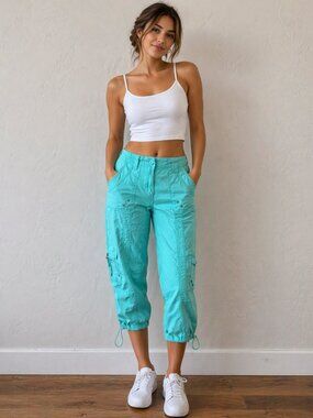 Style&Co Women's Bright Turquoise/Aqua Cargo Capris Pants Drawstring Hem Size 8